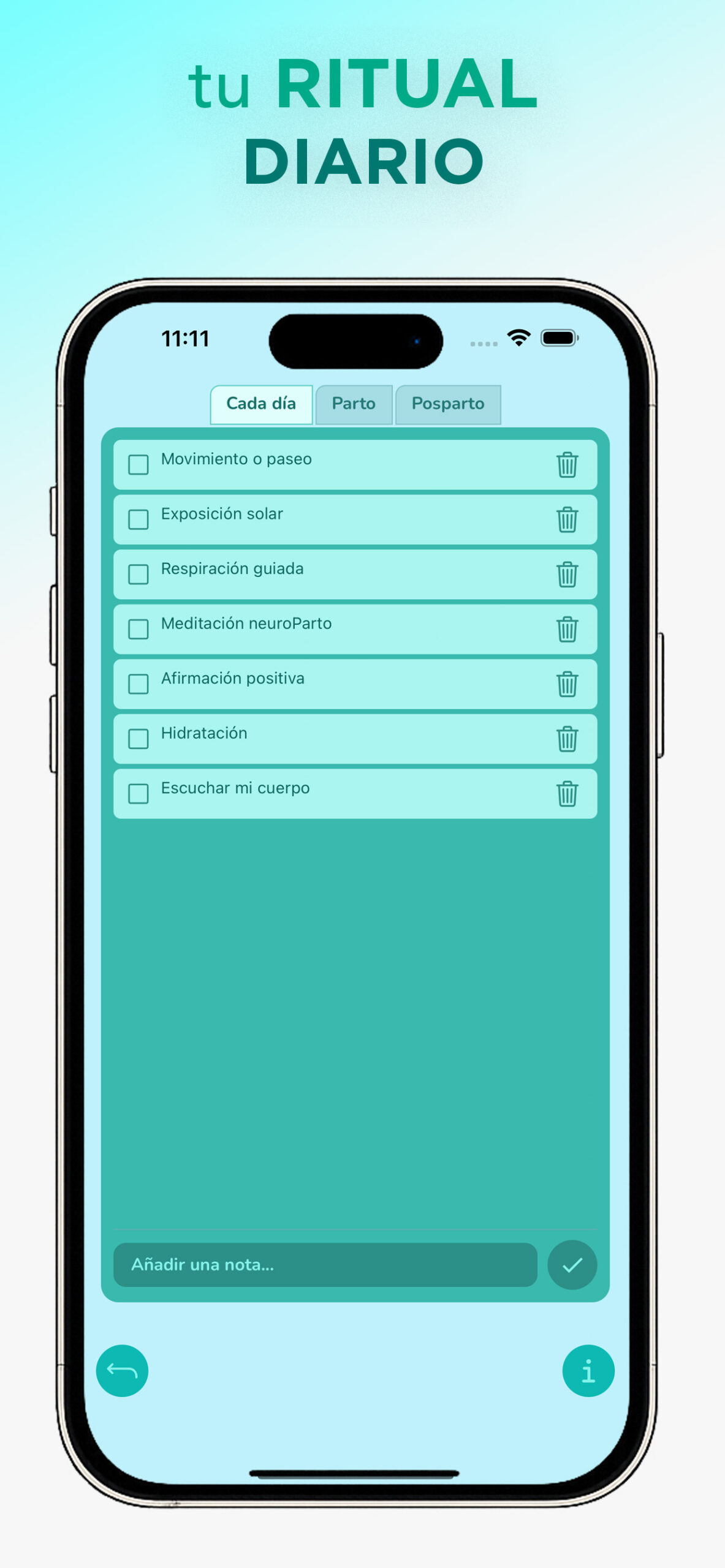 Checklist diario de embarazo en app NeuroParto con hábitos para preparar cuerpo y mente para el parto