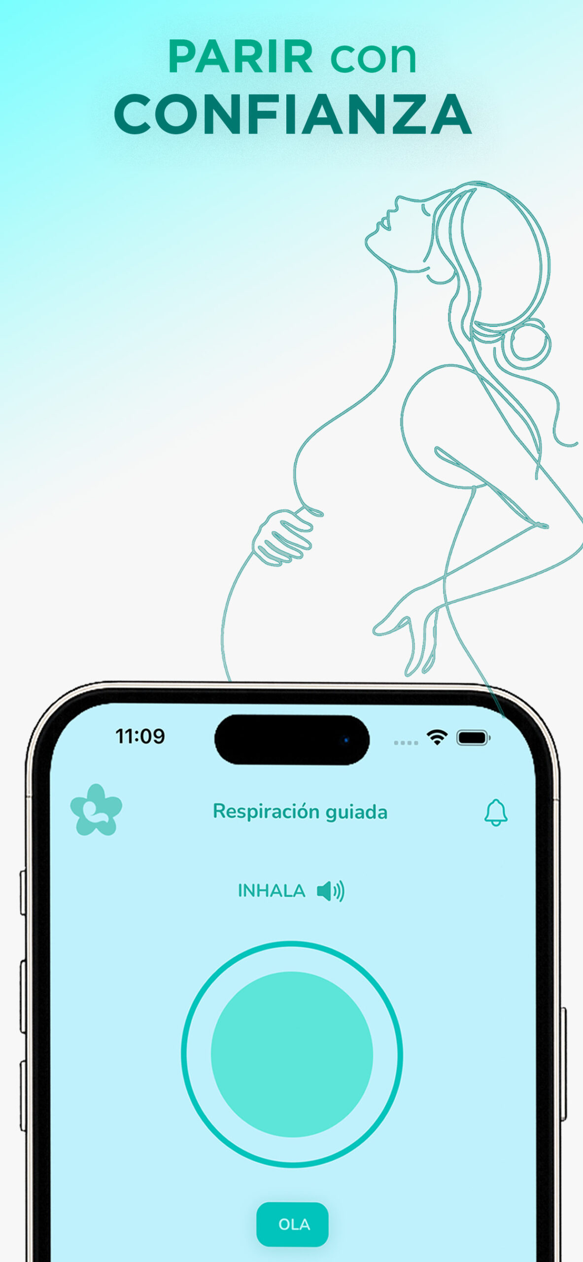 Ejercicio de respiración guiada para el parto en la app NeuroParto para gestionar el dolor y mantener la calma